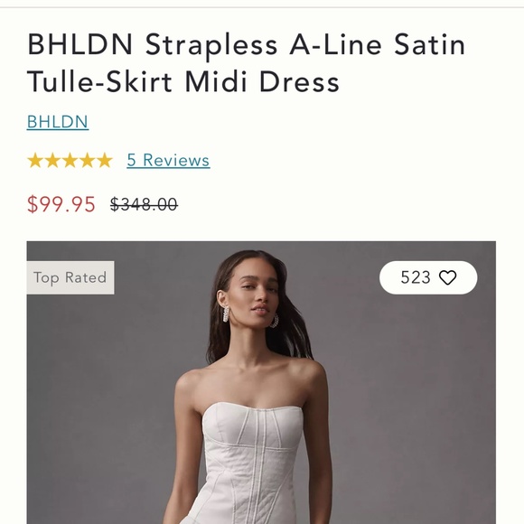 BHLDN Strapless A-Line Satin Tulle-Skirt Midi Dress - Picture 1 of 4